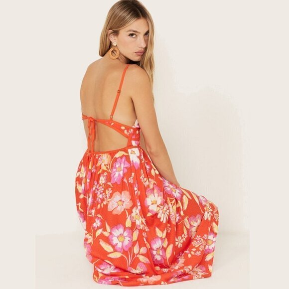 Free People Wisteria Maxi Dress Orange Floral Lightweight Open Back Sleeveless - Picture 3 of 14